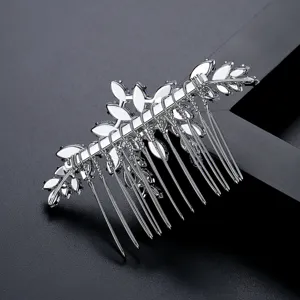 Peigne à cheveux de mariée élégant en argent avec feuilles en zircone cubique