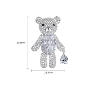 Sparkling crystal teddy bear brooch with pear-cut drop stone, 39.5mm height