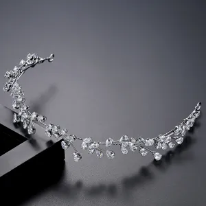 Elegant silver vine bridal tiara crown with sparkling cubic zirconia stones