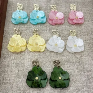Elegant Resin Flower Stud Earrings For Women Fresh Sweet Marble Texture Rhinestone Copper Alloy Beach Vacation Jewelry