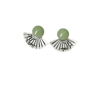 Elegant bamboo fan earrings featuring green round beads on a silver-tone base.