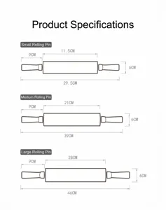 Dessin technique détaillé montrant les dimensions de trois tailles de rouleaux à pâtisserie