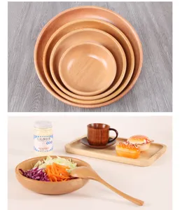 Detailed view of nested beech wood bowls and a lifestyle salad serving setting