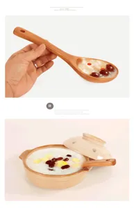 Japanese style long-handle wooden spoon for serving soup and porridge in home kitchen