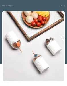 Detailed view of three portable white toothpick holders with colored tops and fruit tray