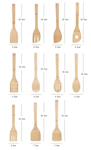 Detailed dimension guide for 11-piece bamboo kitchen utensil set with long handles