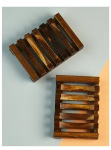 Wooden soap dish for bathroom, hollow drainage soap holder rack for home and hotel use.