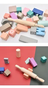 Vue détaillée d'un mini rouleau à pâtisserie en bois pour enfants avec des blocs colorés