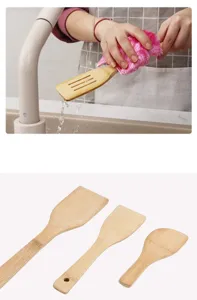 Sustainable bamboo spatula set for non-stick pans shown in use and product display.