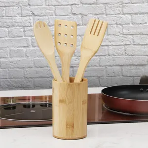 Premium natural bamboo cooking utensil set including spatulas, spoon, and holder