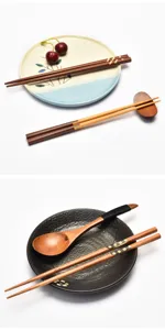 Detail of Japanese style wooden chopsticks and matching spoon set with decorative grip wrap