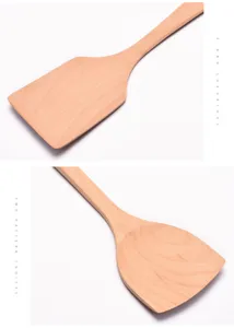 Detailed view of square and rounded long handle beech wood spatulas with natural grain