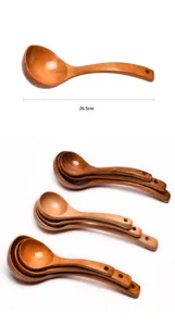 Detailed view of 26.5cm long natural wooden soup ladle with ergonomic curved handle