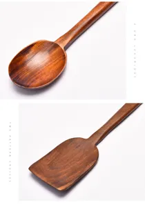 Vue détaillée d'un ensemble haut de gamme de cuillères et spatules de cuisine en bois de teck.