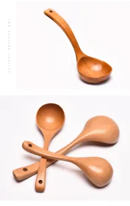 Detail view of 27cm Japanese style wooden long-handle soup ladles with hanging holes