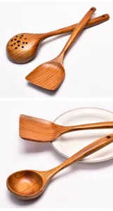 Detail view of handcrafted 35cm long handle wooden cooking utensils set