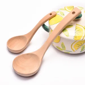 Eco-friendly natural beech wood long-handled cooking spoon set for non-stick kitchenware