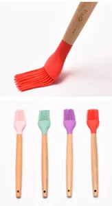 Detailed view and multiple colors of silicone baking brushes with wooden handles.