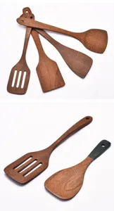 Natural wenge wood spatula set showing high-quality grain and long handle design for kitchen.