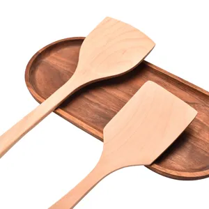 Natural beech wood long handle spatula set for non-stick pans on wooden tray.