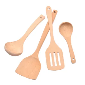 Natural beech wood kitchen utensil set featuring long handle spatulas and spoons for cooking