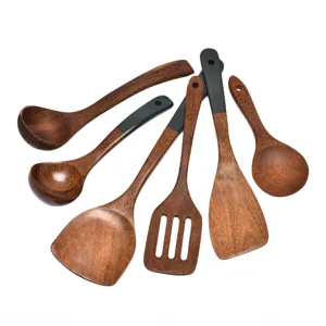 Natural Wood Cooking Spatula Spoon Set Heat Resistant Non-Stick Kitchen Utensils With Long Handle For Home Kitchen Restaurant
