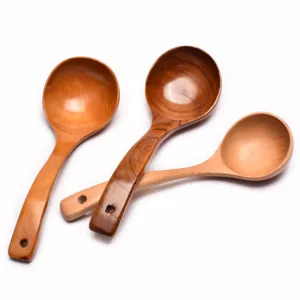 Set of 3 Japanese style long handle curved wooden soup ladles 27cm for kitchen use.
