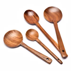 Ensemble de cuillères de cuisine en bois de teck de qualité à long manche avec grain naturel