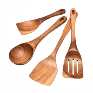 Juego de 4 utensilios de cocina de madera de acacia natural con espátulas y cucharas
