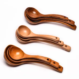 Premium set of handcrafted wooden long handle soup spoons in three natural wood finishes