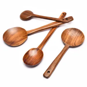 Lot de quatre cuillères de cuisine professionnelles en bois de teck de 30 cm à manche