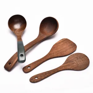 Set of four Wenge wood kitchen utensils including spatulas and soup spoons tools