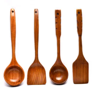 High quality 4-piece long handle wooden kitchen utensil set for cooking and serving soup