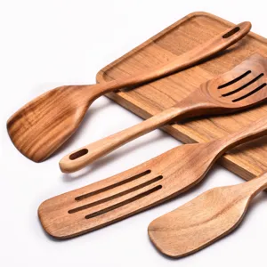 Juego de espátulas de cocina de madera de acacia con volteador ranurado para sartenes antiadherentes