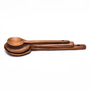 Lot de trois cuillères en bois de teck à long manche de style coréen pour la cuisine