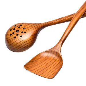 Premium 35cm long handle wooden cooking spatula and slotted soup spoon set