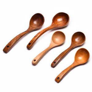 Set of 5 handcrafted wooden soup spoons with long curved handles and natural grain textures