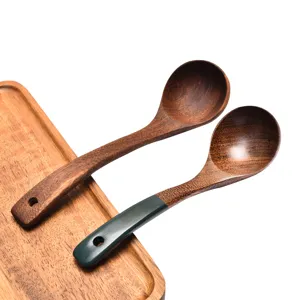 Premium natural chicken wing wood soup spoon set with long handle on wooden tray