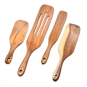 Juego de 4 utensilios de cocina de madera de acacia natural con espátulas