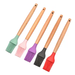 Set of 5 multicolor silicone basting brushes with premium wooden handles for kitchen BBQ