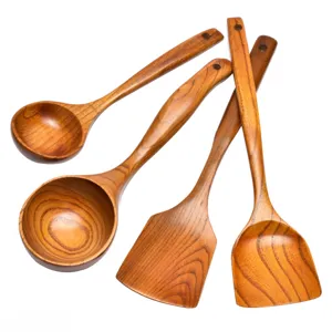 Commercial 35cm long handle wooden soup spoon and spatula set for professional hotel kitchen