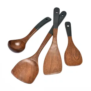 Natural wenge wood kitchen utensil set including spatula and ladle with black handles