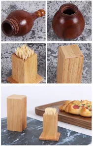 Detailaufnahmen von zwei kreativen Zahnstocherhaltern aus Holz mit natürlicher Maserung