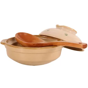 Traditional Japanese style wooden soup spoon and ceramic cooking pot set for kitchen