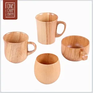 Set of 4 Japanese-style heat-insulated wooden tea and coffee mugs with natural wood grain