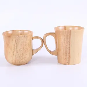 Japanese style handcrafted wooden coffee and tea mugs with natural wood grain finish