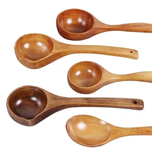 Premium handcrafted long-handle wooden soup spoons set for kitchen cooking and serving