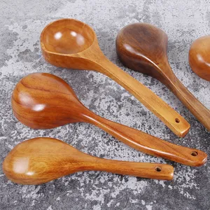 Natural handcrafted long-handle wooden soup spoons with unique wood grain for home cooking