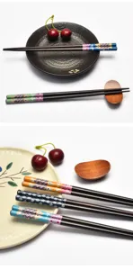Japanese style printed wooden chopsticks with colorful fish and cherry blossom patterns