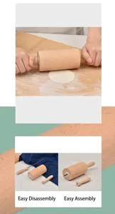 Détail d'un rouleau à pâtisserie en hêtre avec poignées amovibles et axe métallique.